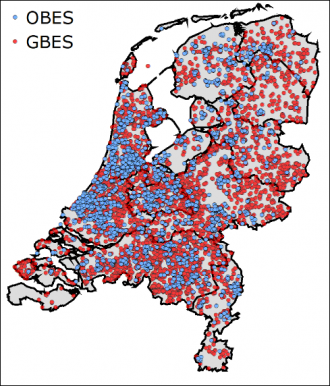 Figuur 2 Gemelde gesloten (GBES) en vergunde open (OBES) bodemenergiesystemen in Nederland. Bron: Nationaal Georegister.