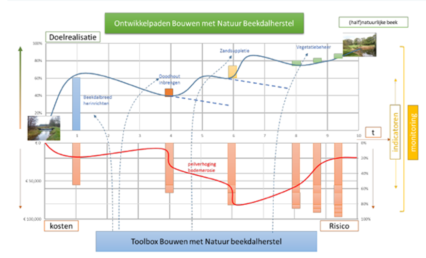 Figuur 5. voorbeeld van een ontwikkelpad ‘bouwen met de natuur’ (blauwe lijn in de figuur) met daaronder (rode balken) raming van kosten en (rode lijn) risico inschatting op het optreden van onbedoelde neveneffecten (bron: Gilbert Maas).