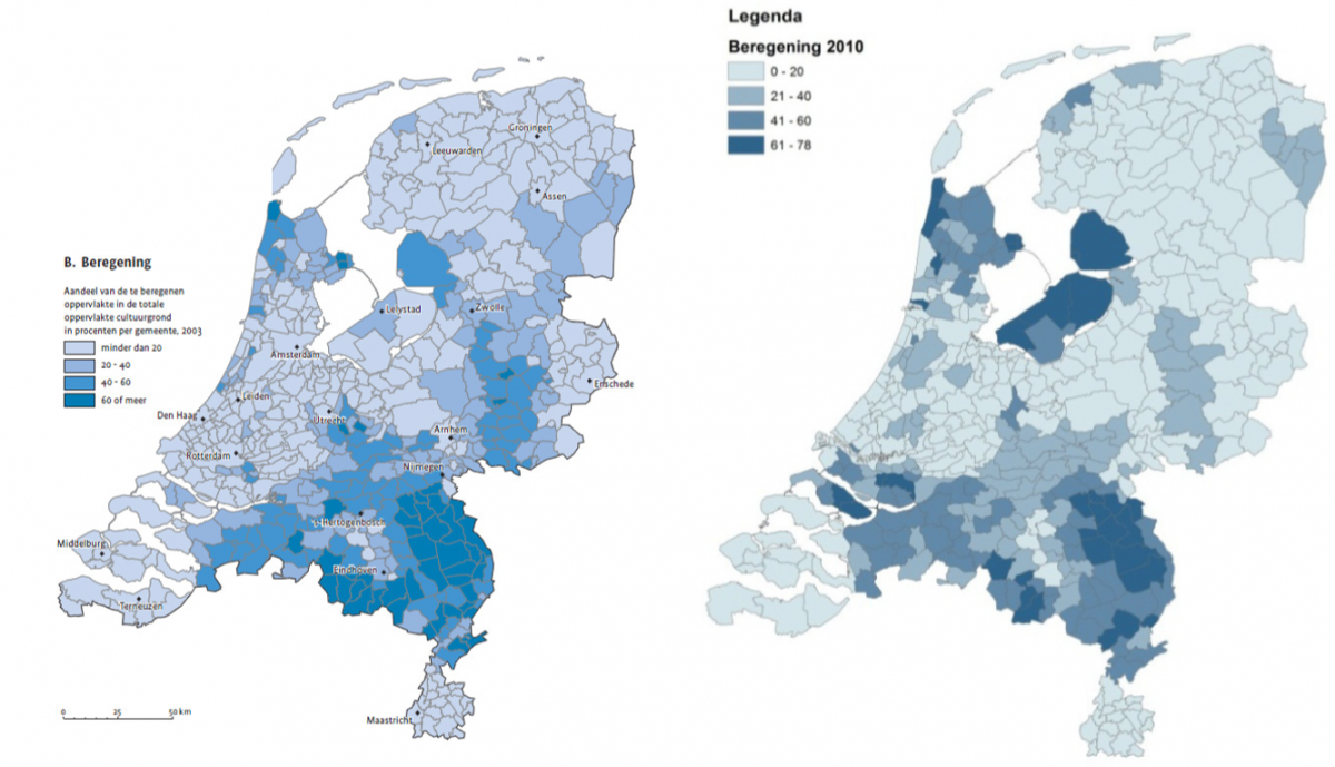 Afbeelding 7 Percentage van het totale areaal cultuurgrond dat wordt beregend in 2003 (links) en de potentiele beregeningsareaal 2010 (rechts).