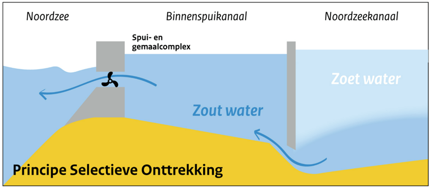 Afbeelding 7. Beschrijving van principe van selectieve onttrekking om zoutindringing in het Noordzeekanaal tegen te gaan (bron: www.rijkswaterstaat.nl/water/).